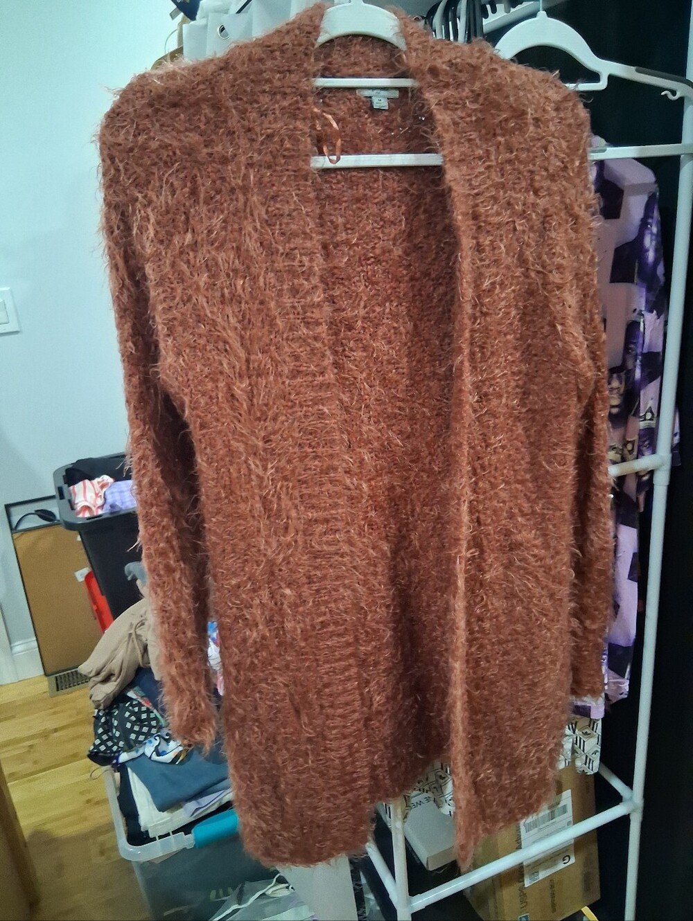 Cozy Open-Front Fuzzy Cardigan Sweater in Rust Brown